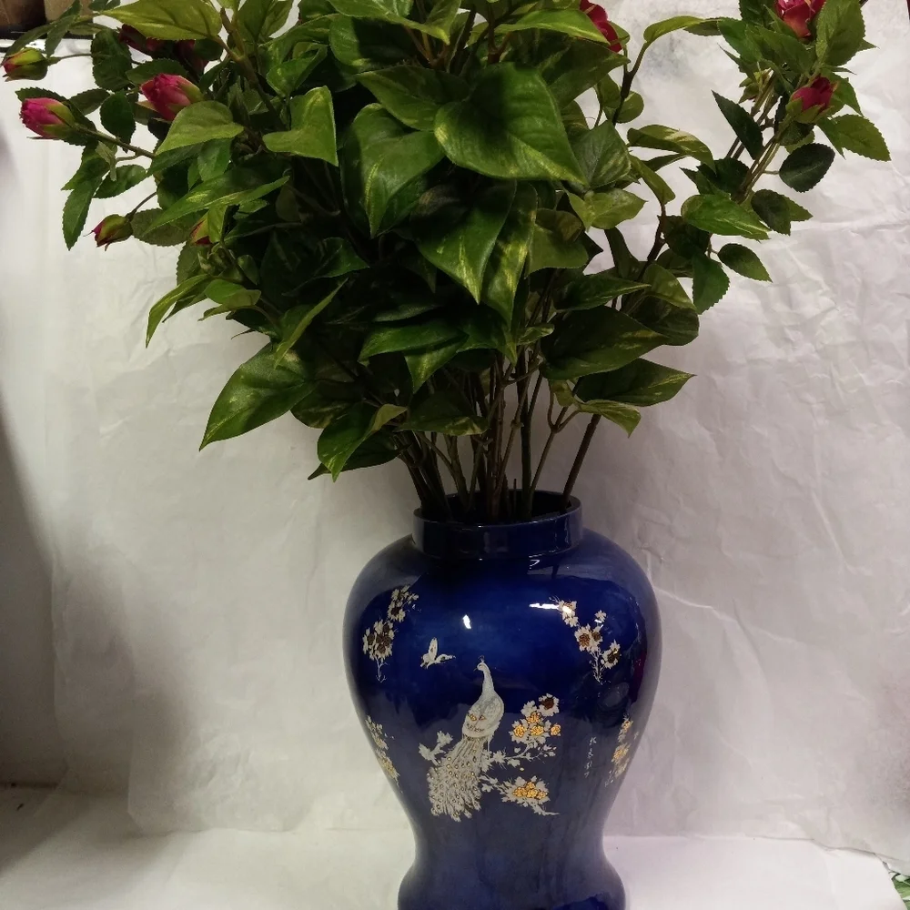 VINTAGE Satsuma Large Cobalt Blue Asian Vase  Peacock Floral
